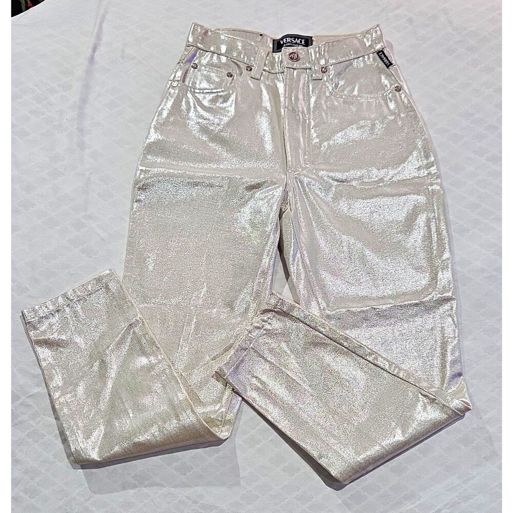 Vtg VERSACE Jeans Couture MetallicSilver Foil Pants Size 27(Fits Modern 25 W/XS)